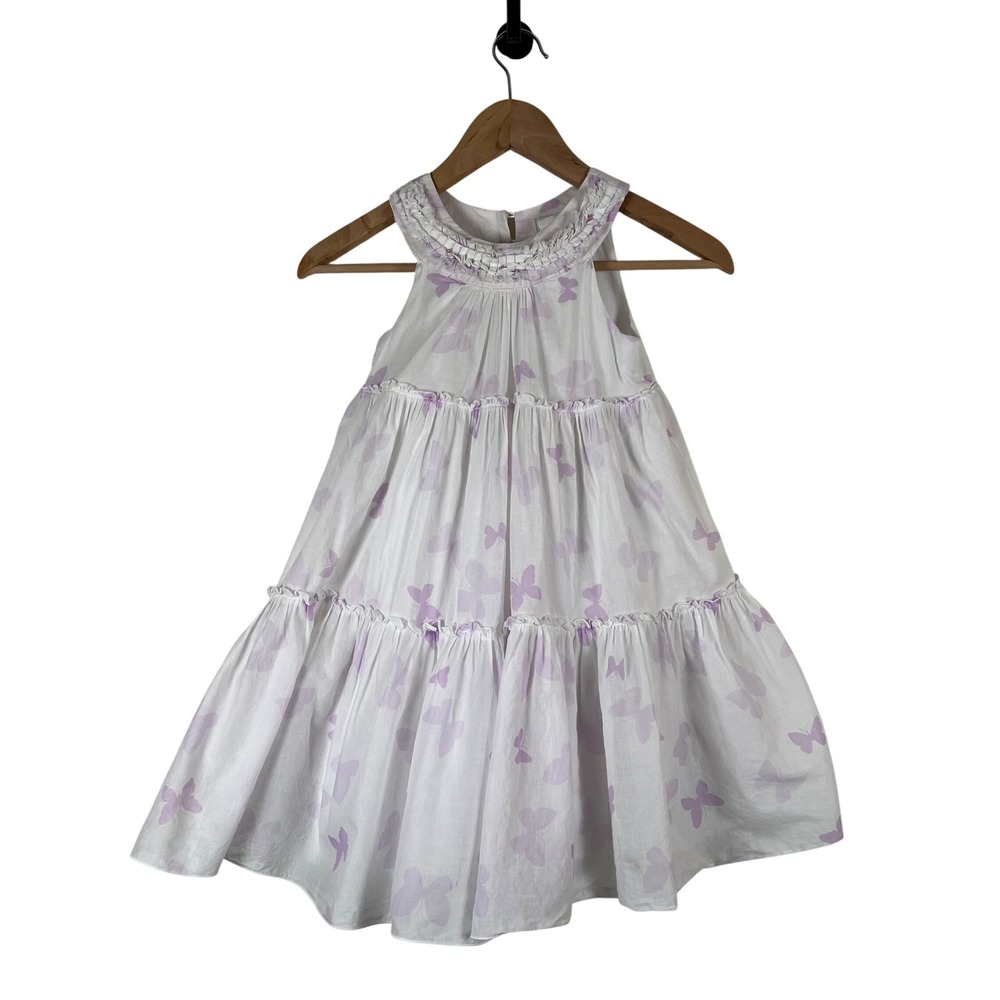 Savannah Girls White Lavender Butterfly Tiered Cotton Dress Size 6 Sleeveless
